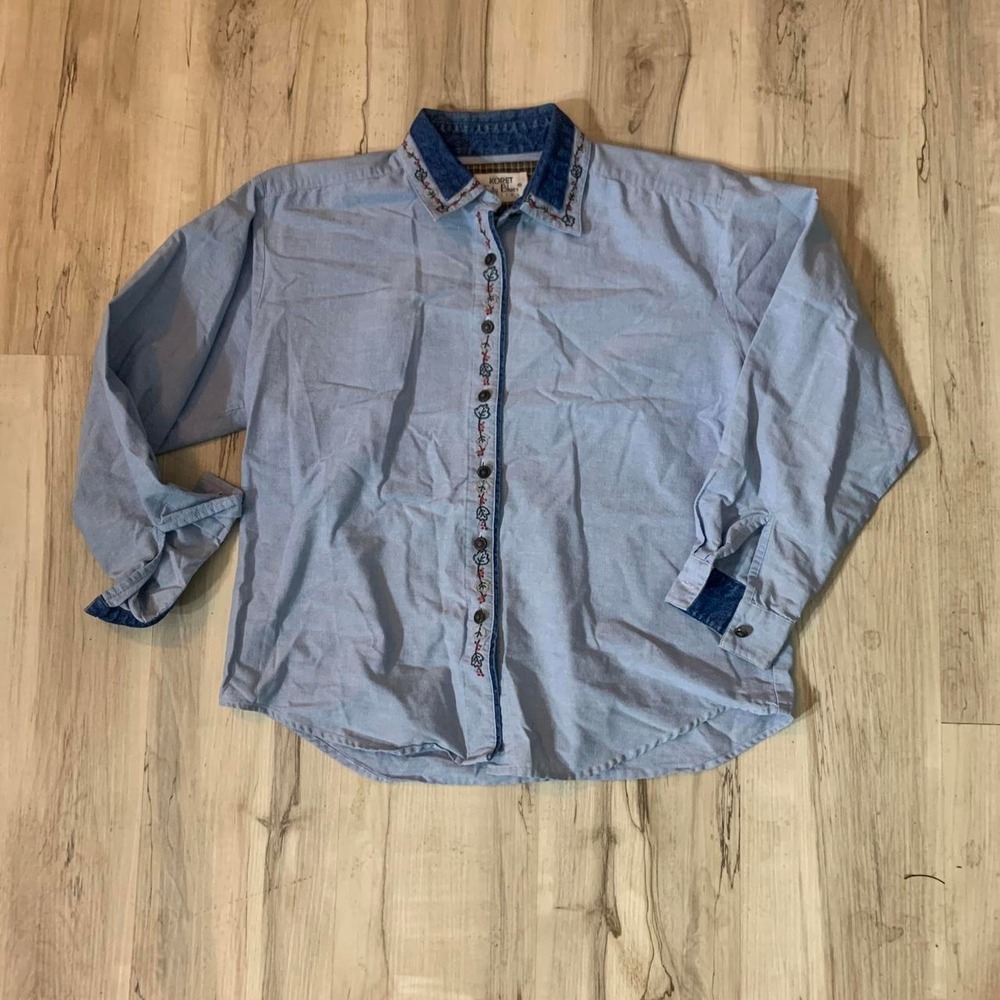 Koret City Blues Vintage Y2K Blue Denim Embroidered Floral Button Up Shirt S